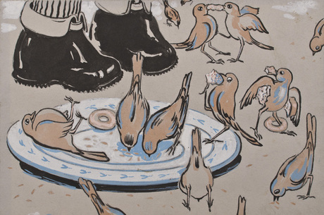 Դ. Դեմիրճյանի «Ծտապար» գրքի նկարազարդումներից. Ծտերն ուտում են ափսեի մոտ