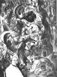 Երվանդ Քոչարը արվեստանոցում «Պատերազմի արհավիրքը» կտավի մոտ