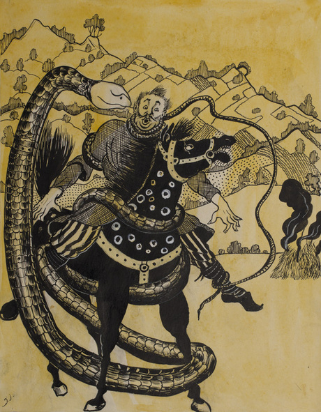 Ձինվոր, որին փաթաթվել է օձը («Սպիտակ մուկ» վրացական ժողովրդական հեքիաթի նկարազարդում)