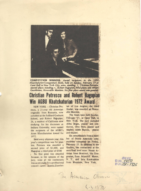 Հոդված՝ «Քրիստիան Բետրեսկուն և Ռոբերտ Հակոբյանը շահեցին Հայկական բարեգործական միության 1972 թվականի գլխավոր մրցանակը» «The Armenian Reporter» թերթում