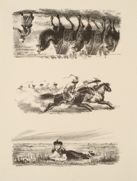 Քարավան, ձիավորներ և պառկած գեղջկուհի. "Сказание о кօзы Кօрпаче и баяк Слу." գրքի նկարազարդում (3 զարդանկար մեկ էջի վրա)