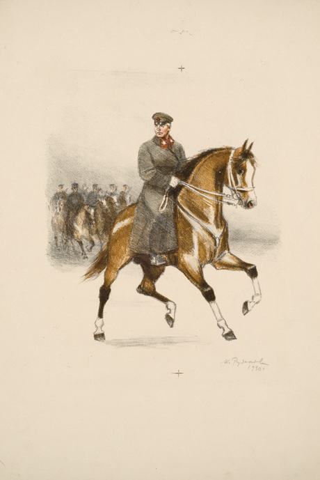 Կ. Ե. Վորոշիլովը ձիու վրա. Ուսպենկու "Չորս մարտական սխրագործություններ" գրքի նկարազարդում