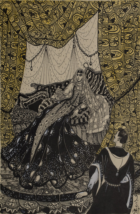 Գեղեցկուհի վրացուհին վրանի տակ նստած («Սպիտակ մուկ» վրացական ժողովրդական հեքիաթի նկարազարդում)