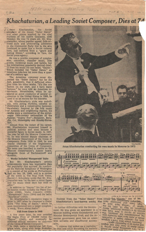 Հոդվածներ «Սոցիալիստական ռեալիզմի օրինակ» և «Առաջատար սովետական կոմպոզիտոր Ա.Խաչատրյանը մահացավ 74-ում»՝ տպագրված «Նյու-Յորք Թայմս» թերթում (ԱՄՆ)
