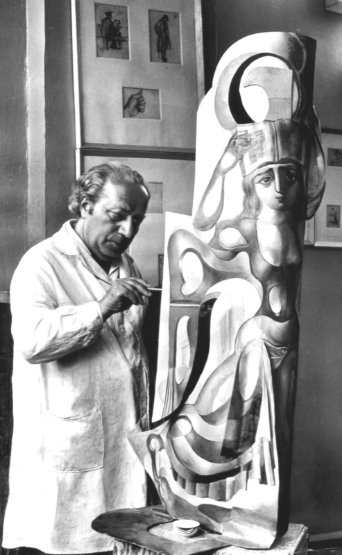 Ե. Քոչարը  արվեստանոցում «Էրեբունի–Երևան» տարածական նկարի վրա աշխատելիս, Երևան, 1967-68 