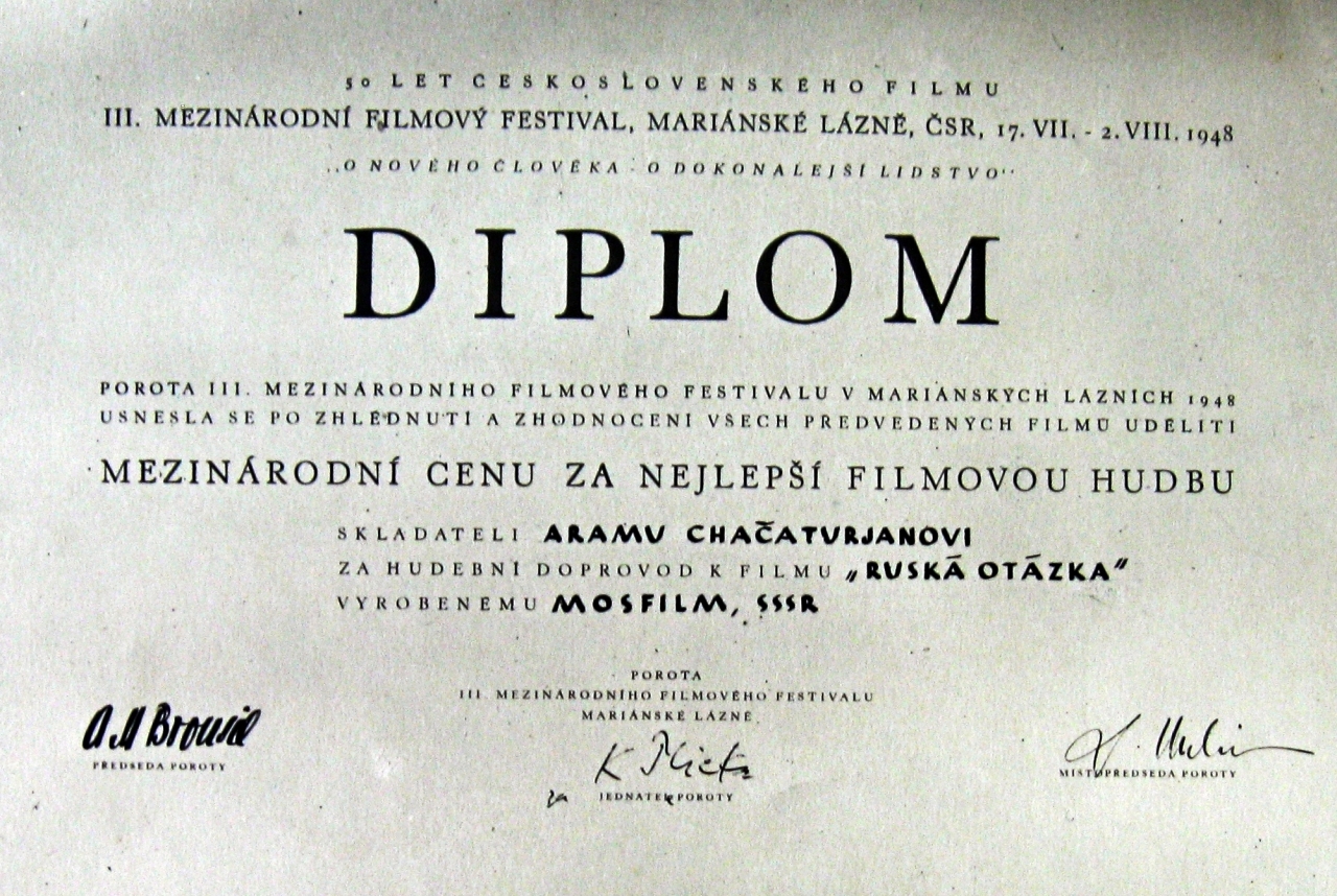 Դիպլոմ՝  Չեխոսլովակիայի III միջազգային կինոփառատոնի՝ շնորհված Ա. Խաչատրյանին: