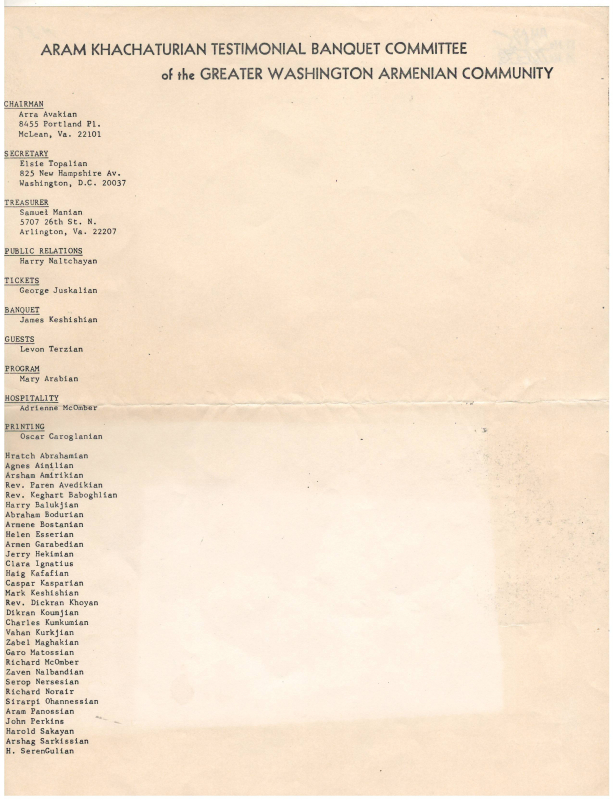 Ցուցակ՝ Ա. Խաչատրյանի պատվին կազմակերպված ճաշկերույթի մասնակիցների