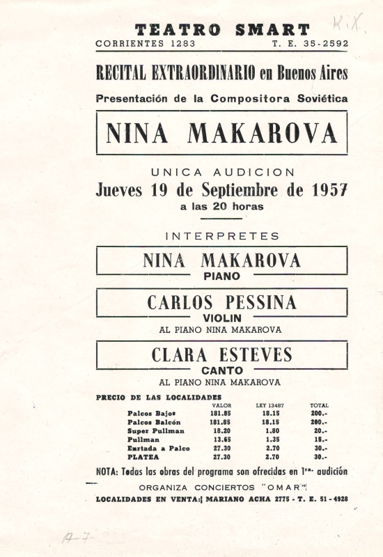 Ծրագիր՝ կոմպոզիտոր Նինա Մակարովայի (Արամ Խաչատրյանի կնոջ) հեղինակային համերգի. «Սմարթ թատրոն» (“Teatro Smart”), Բուենոս Այրես, 19 սեպտեմբերի, 1957 թ.: