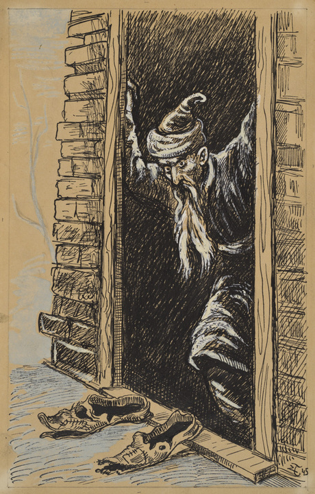 Ս. Լիսիցյանի «Աբու Հասանի մաշիկները» գրքի նկարազարդում. «Հին մաշիկները դռան մոտ»
